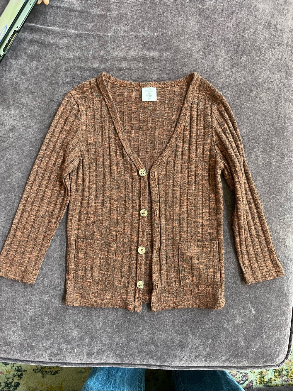 Kids Brown Ribbed Button-Front Cardigan